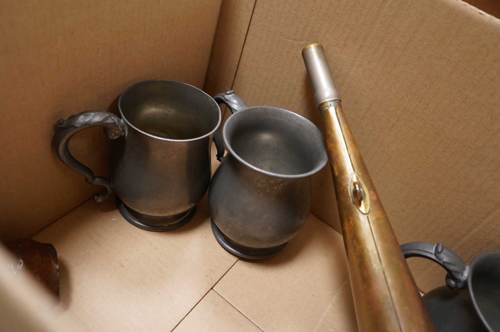 Assorted plated wares including pair of dwarf candlesticks, two pairs of entrée dishes, cased horn handled servers, set of flower holders, bread knife, mustard pot, salver, silver coins, two ceramic toby jugs, four pewte